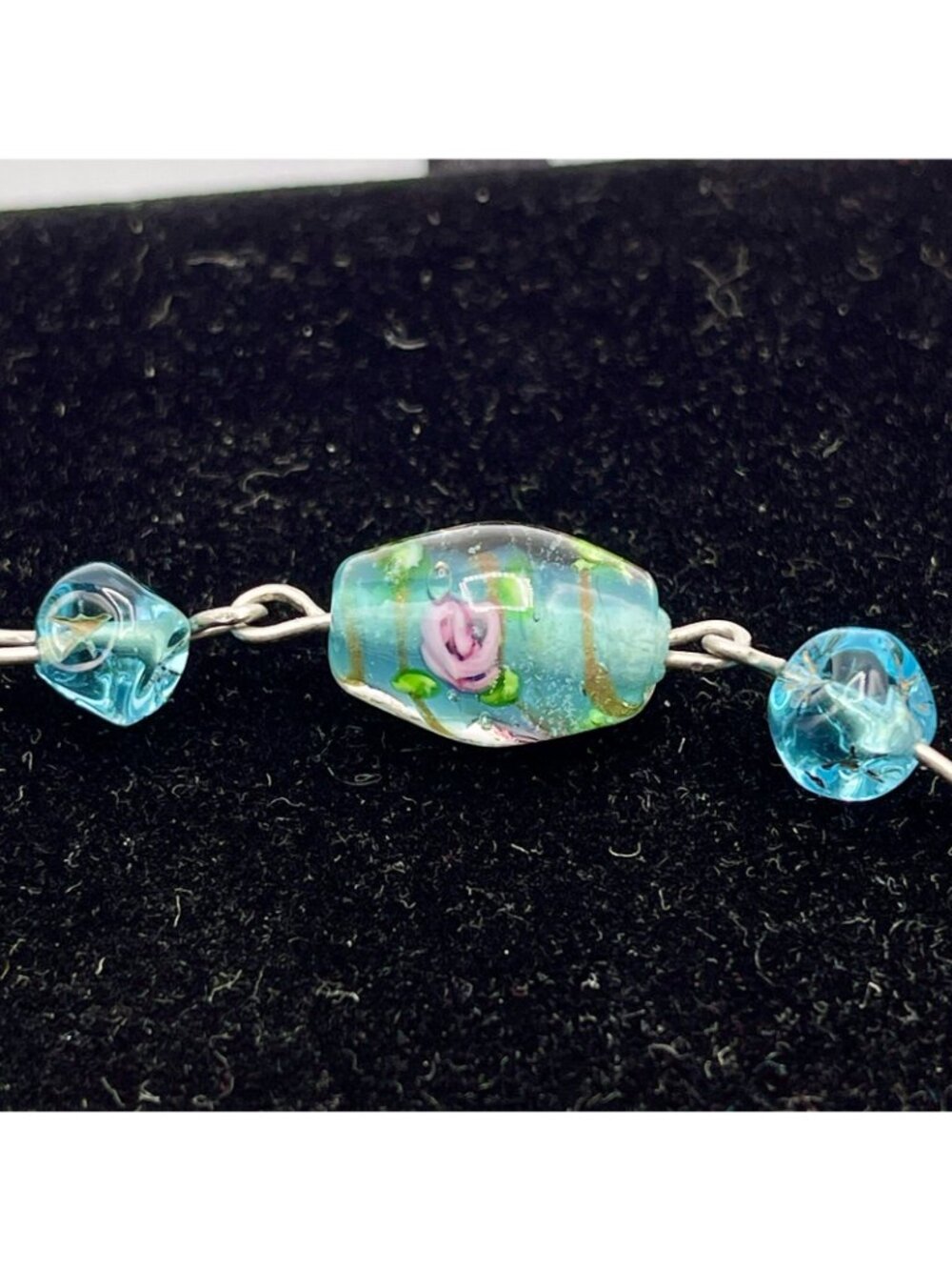 Handmade Glass Bead Lavalier Necklace Teal Gold Pink Rose Sterling Vintage 1950s - Picture 8 of 13
